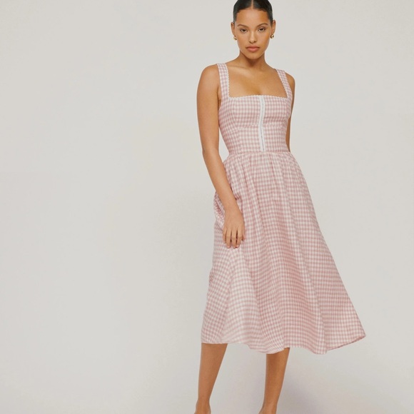 Reformation Tagliatelle linen dress in blush check / size 4